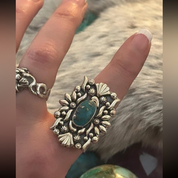 Turquoise southwestern sterling silver adjustable ring - Picture 2 of 9
